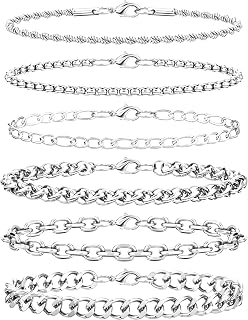 6PCS Stainless Steel Bracelets for Men Women, Silver Gold Black Cuban Link Rope Box Wheat Chain Paperclip Figaro Jewelry Set, 7/8/9 Inches