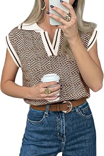 Womens Short Sleeve Sweater Tops V Neck Polo Shirts Summer Casual Loose Knit Color Block Sweater Vest