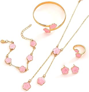 Lucky Clover Jewelry Set for Women Elegant Flower Pendant Necklace, Earrings, Ring, Bracelet Fashion Five Leaf Clover Floral Jewelry for Friends Gifts