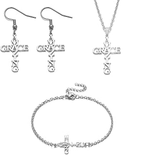 Amazing Grace Cross Pendant Necklace Earring Bracelet Easter Gift Stainless Steel Letter Earring Pendant Neck Decoration Gift with Pattern of Amazing Grace Bracelet Birthday Gift Grace Jewelry Set