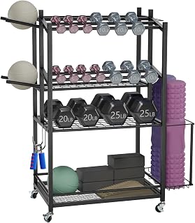 3-Tier Rolling Dumbbell Rack with Yoga Mat Basket & Hooks – Heavy Duty Steel Home Gym Storage Cart for Weights, Kettlebells, and Foam Rollers – 350Lbs Capacity Mobile Organizer with Lockable Wheels (B