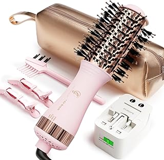 Dual Voltage Travel Hair Dryer Brush, Mini Hot Air Brush Styler & Dryer for European Travel, Hair Trends Nano Titanium 2 Inch One Step Hair Dryer and Styler Volumizer Oval Shape