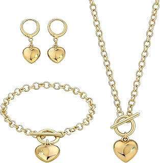 4Pcs Heart Necklace Jewelry Set Stainless Steel Jewelry for Women - 18K Gold Plated Chunky with Bracelet & Earrings, Necklace and Bracelet Set for Daily Wear & Gift