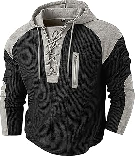 Men's Color Block Waffle Knit Hooded Sweater with Lace-Up Neckline, Perfect for Casual and Outdoor Wear