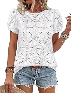 Blouses for Women Dressy Casual Petal Short Sleeve Shirts Crochet Lace Boho Tops Spring Fashion Summer Outfits