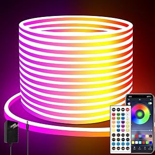 65.6FT LED Neon Rope Lights,24V RGB LED Neon Lights with Remote/APP Control,IP65 Waterproof Flexible Neon LED Strip Lights for Bedroom Room DIY Decoration（with Snap &Screws）