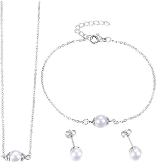 Stainless Steel Set Pendant Necklace Stud Earrings Bracelet Silver 16.5" Z754
