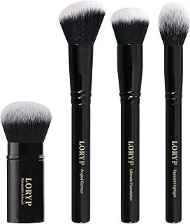 LORYP 4 Pcs Full Face Professional Makeup Brushes Set with Retractable Kabuki Airbrush For Powder,Liquid,Cream,Angled Blush Brush, Foundation Brush, Tapered Highlight Brush
